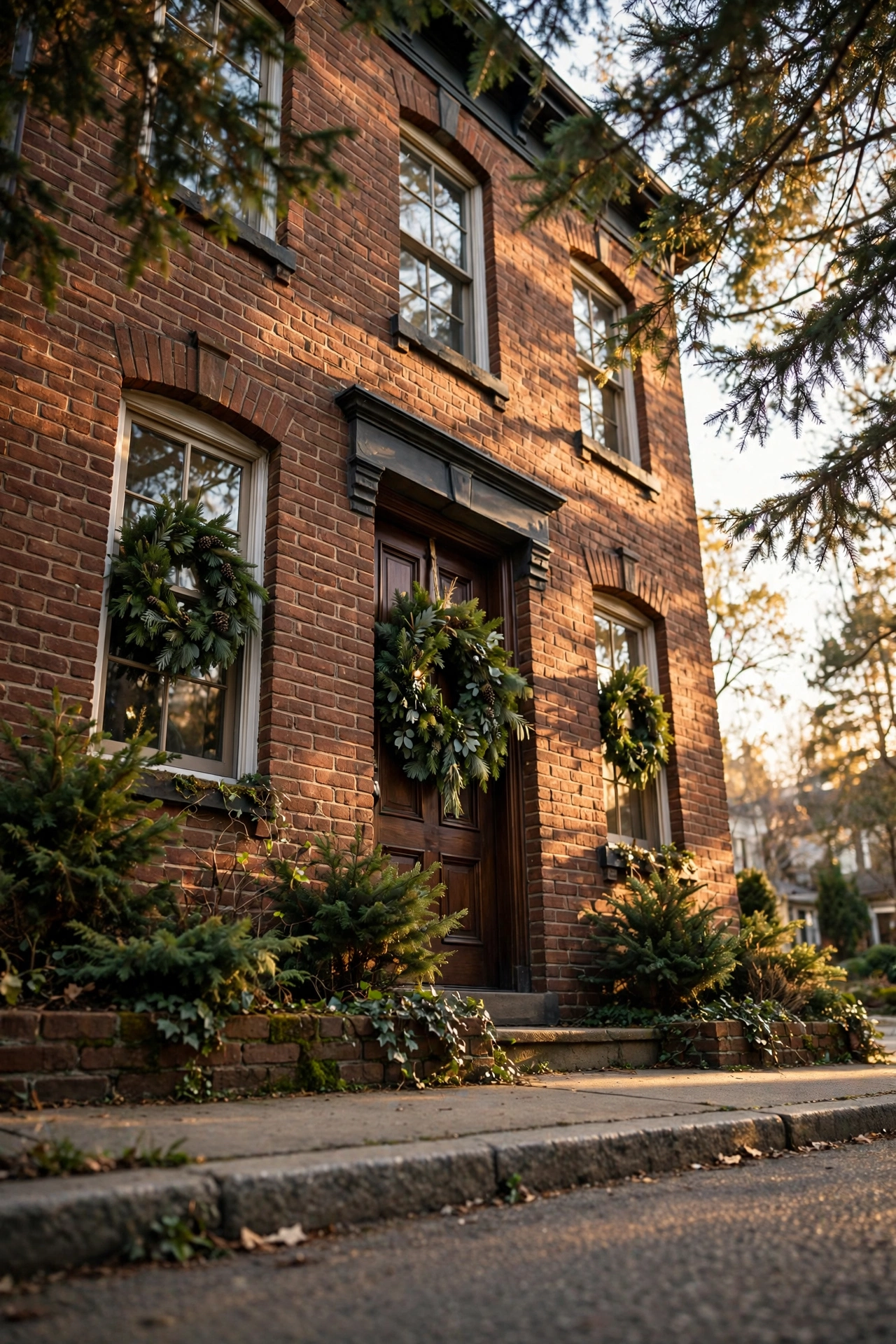 Same wreath repeated on the door and front windows for a street view