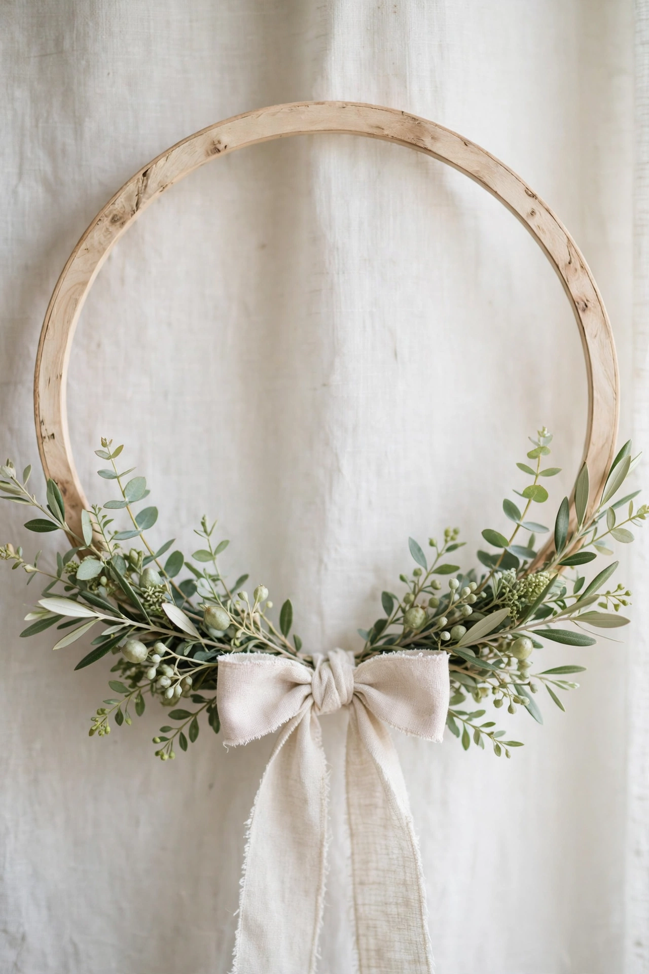Open wooden hoop wreath with sparse greenery and a linen bow