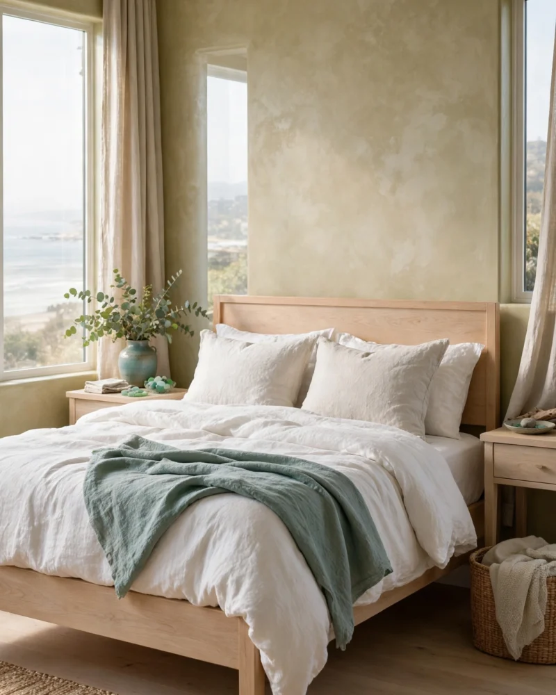 Serene Coastal Bedroom with pale oak bed, white linen bedding, sea glass throw, and limewash walls