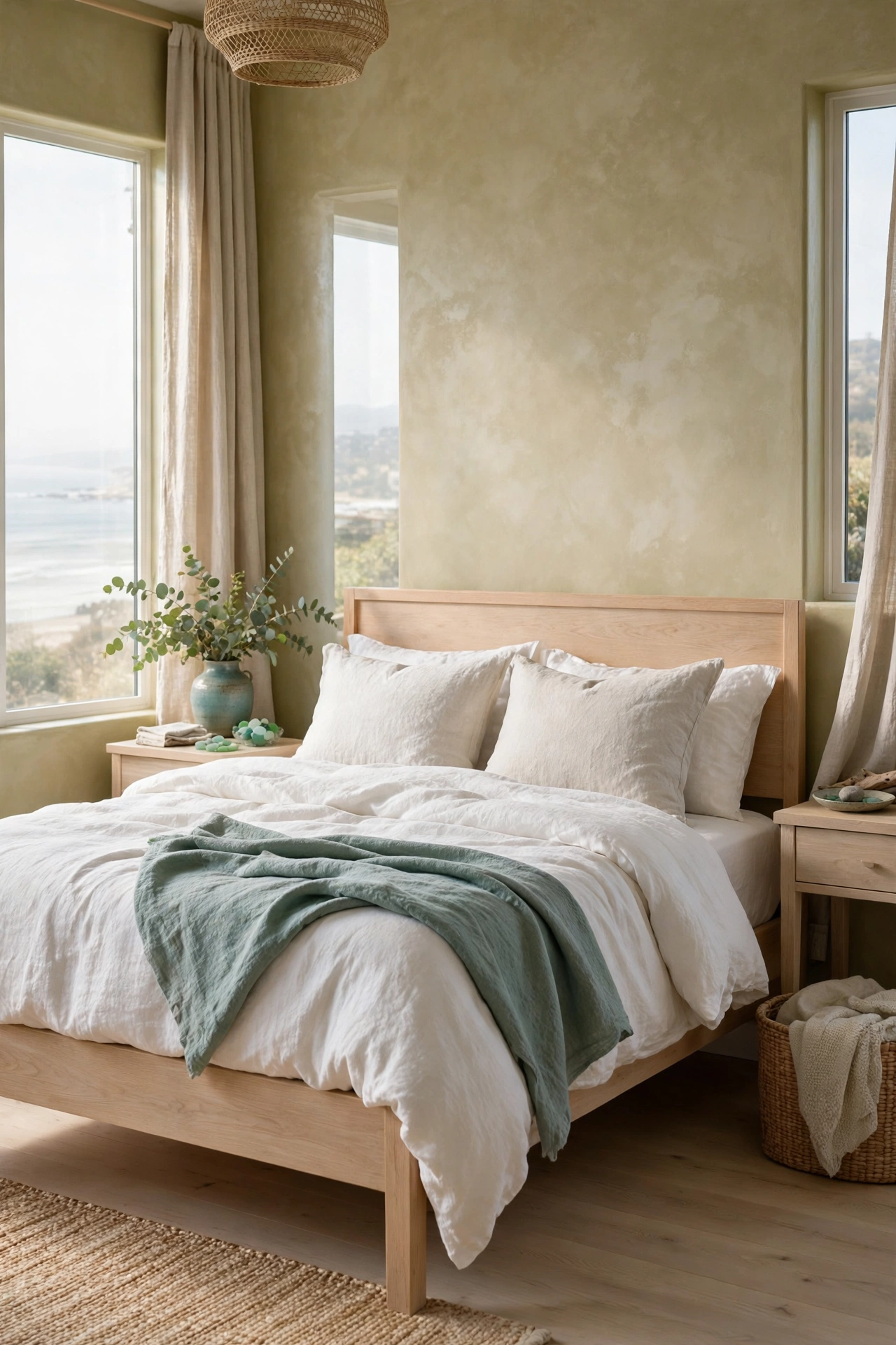 Serene Coastal Bedroom with pale oak bed, white linen bedding, sea glass throw, and limewash walls
