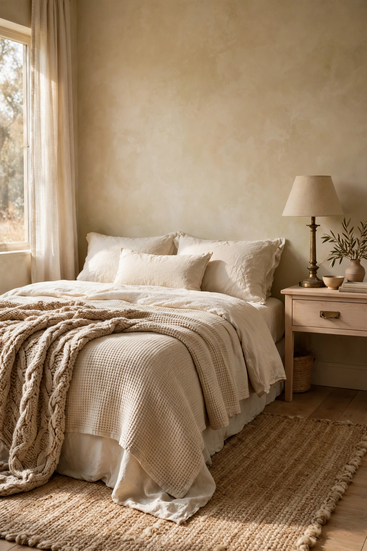 Tonal bedroom in sand and oatmeal shades with limewash walls, layered cream linen bedding, and a knit throw