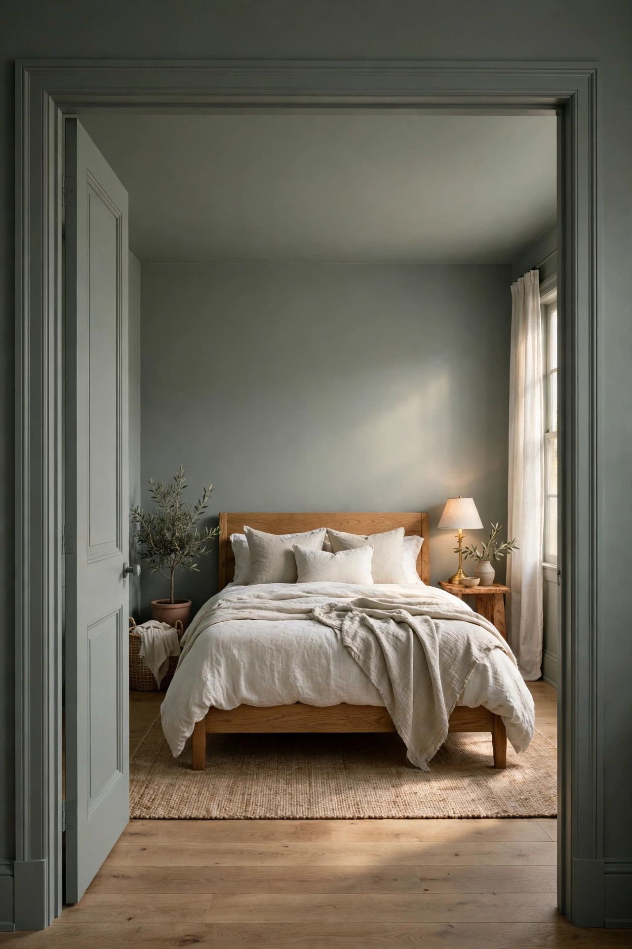 Bedroom color-drenched in muted sea glass green with an oak bed and white linen bedding