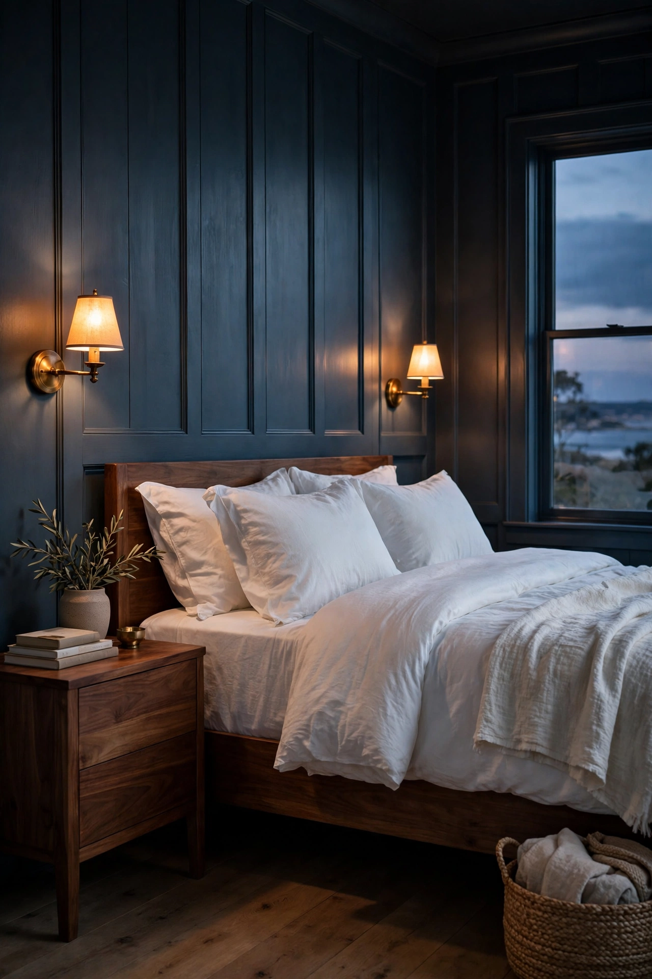 Moody bedroom with stormy blue-gray paneling, walnut bed, white bedding, and glowing brass sconces