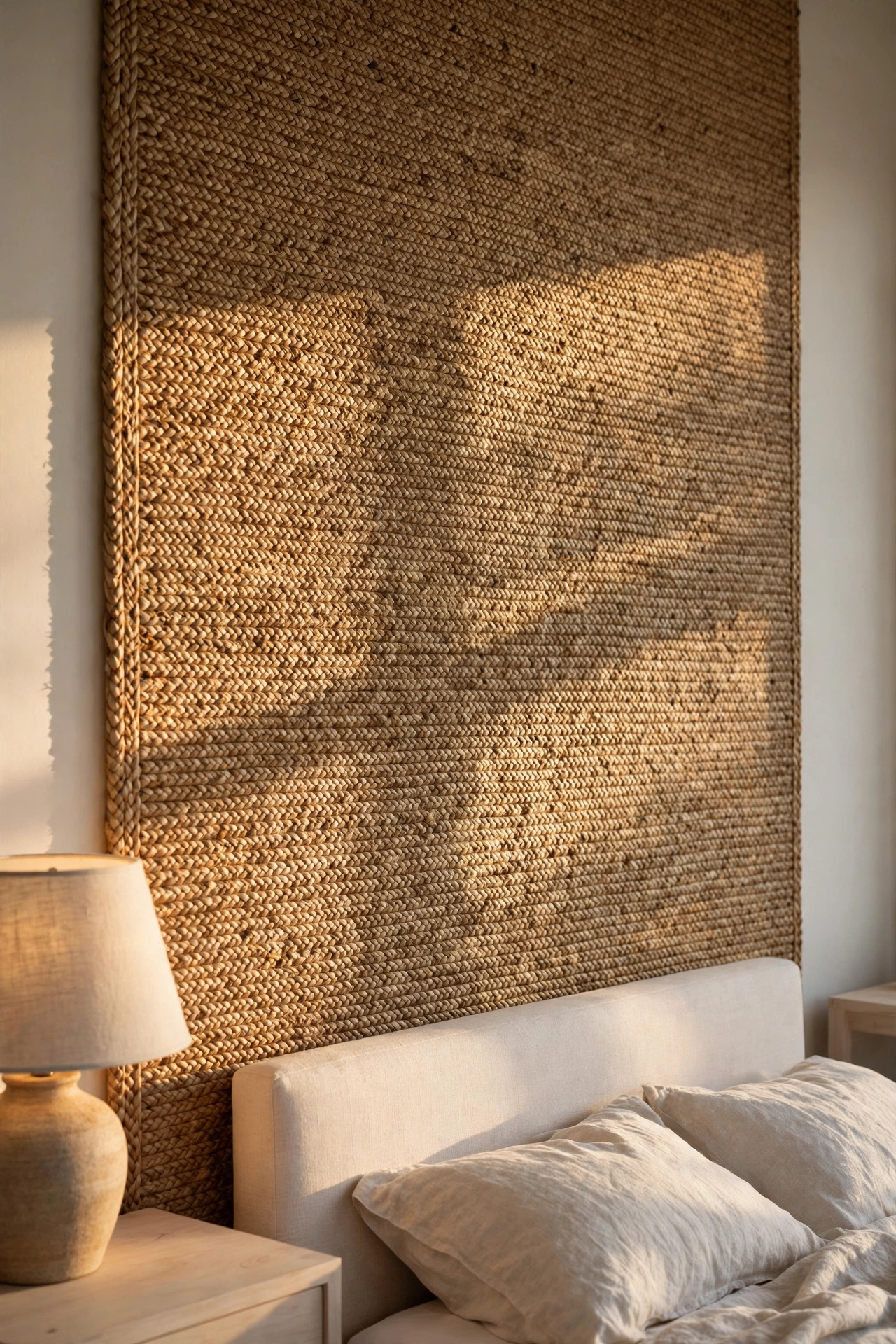 Bedroom feature wall in woven tan seagrass grasscloth behind an off-white linen bed