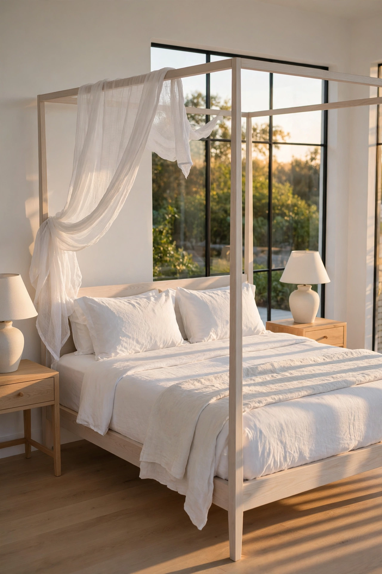 Pale oak four-poster canopy bed with sheer white gauze, white linen bedding, and golden hour light