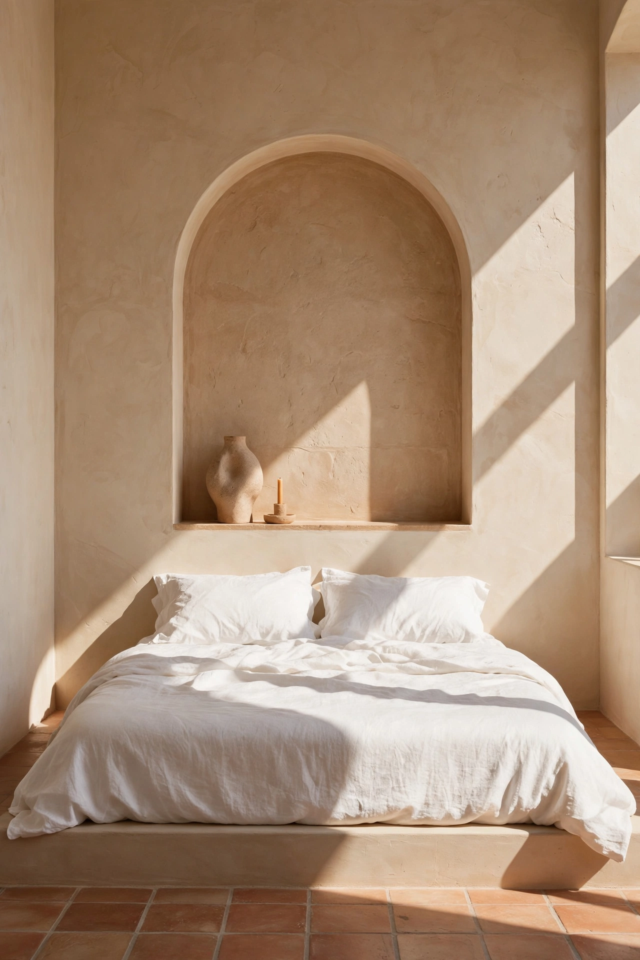 Low bed with white linen bedding beneath a curved stone-toned plaster arch