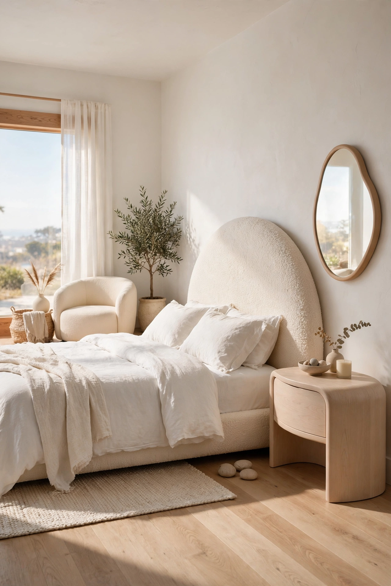 California coastal bedroom with a rounded cream boucle headboard, pebble-shaped mirror, and curved bedside table