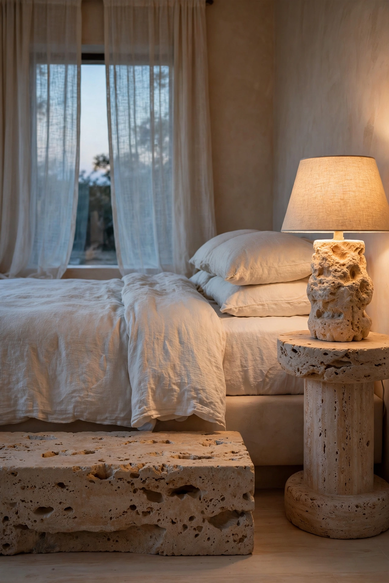 Spa-like bedroom with travertine bedside table, travertine lamp, and off-white linen bedding