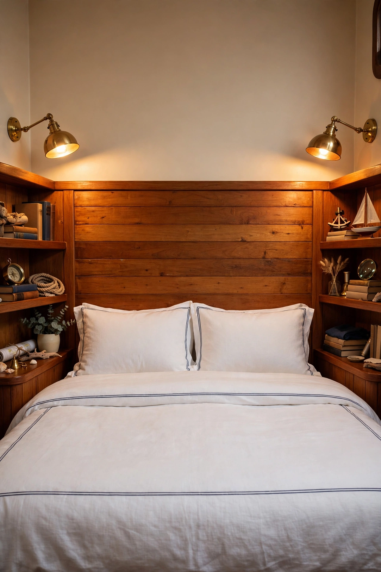 Yacht-cabin bedroom with warm teak paneling, built-in shelves, brass sconces, and white linen with navy piping