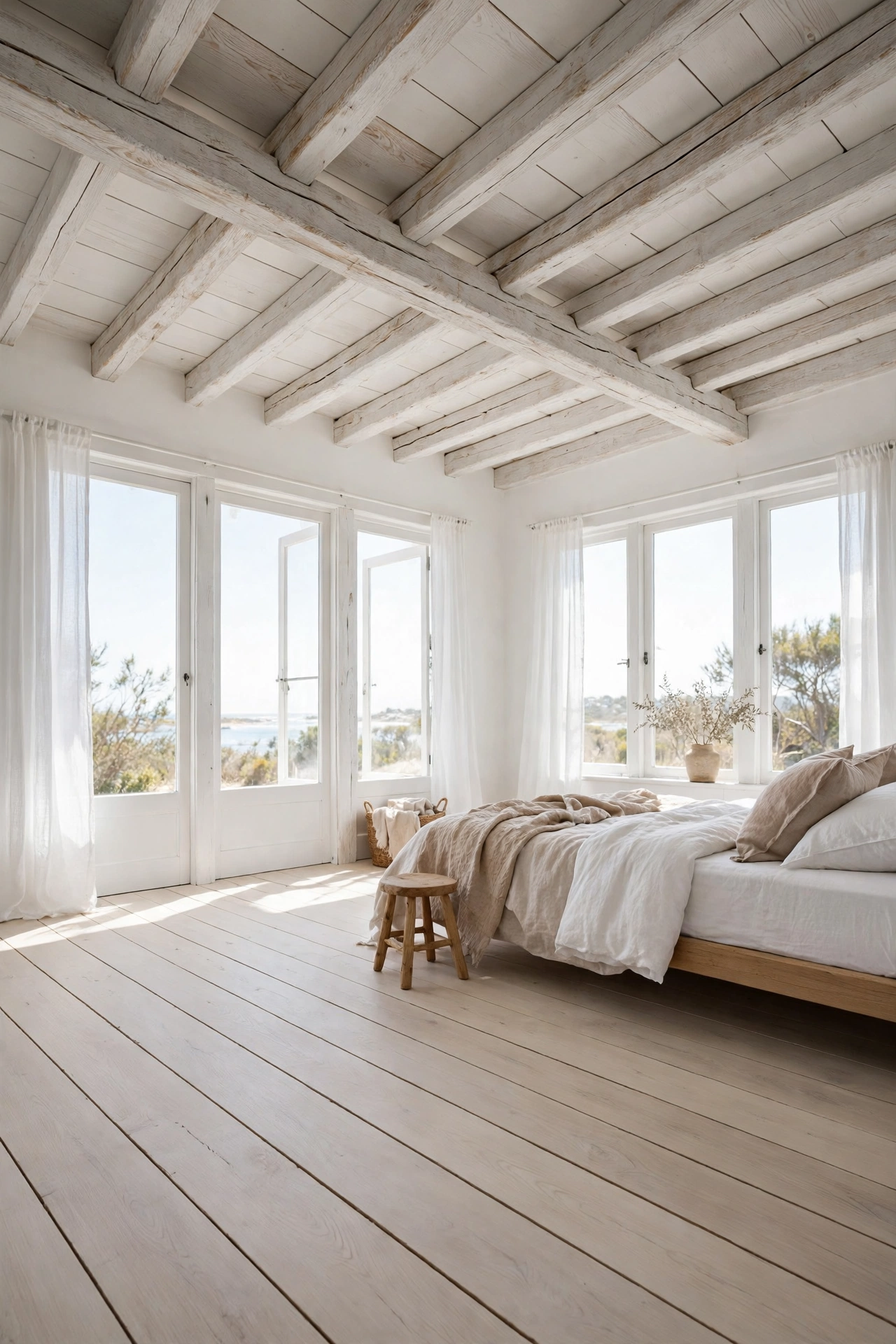 Bright seaside cottage bedroom with whitewashed timber ceiling beams and wide pale oak floorboards