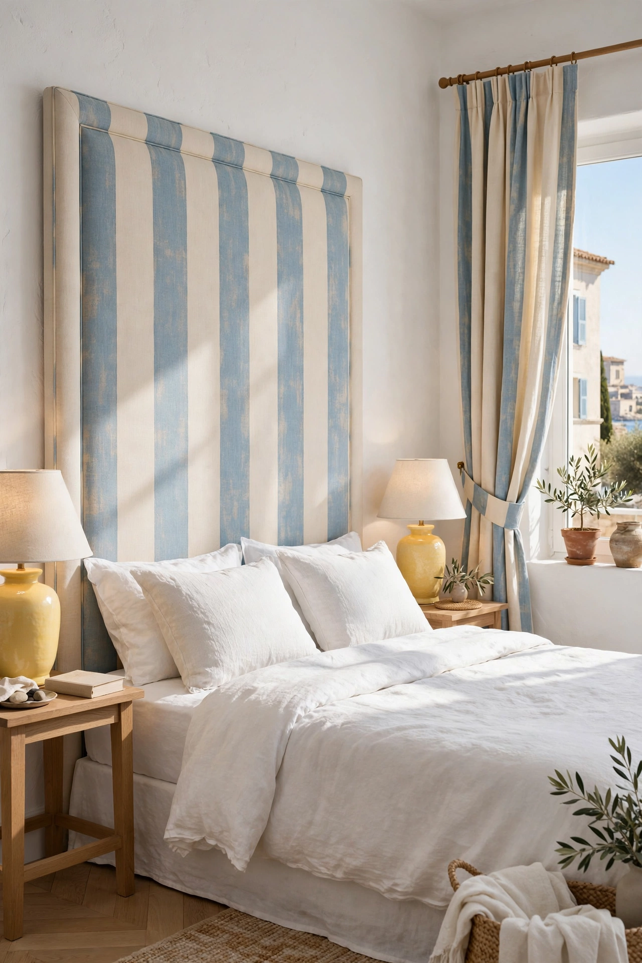 Riviera bedroom with a tall cream and sky-blue striped headboard, matching curtains, and butter-yellow lamps
