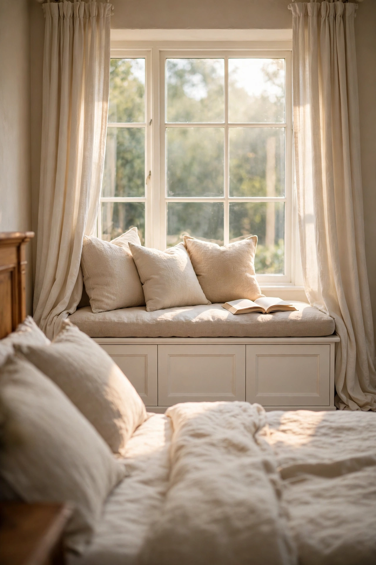 White window seat with natural linen cushion and pillows beneath a wide window with ivory curtains