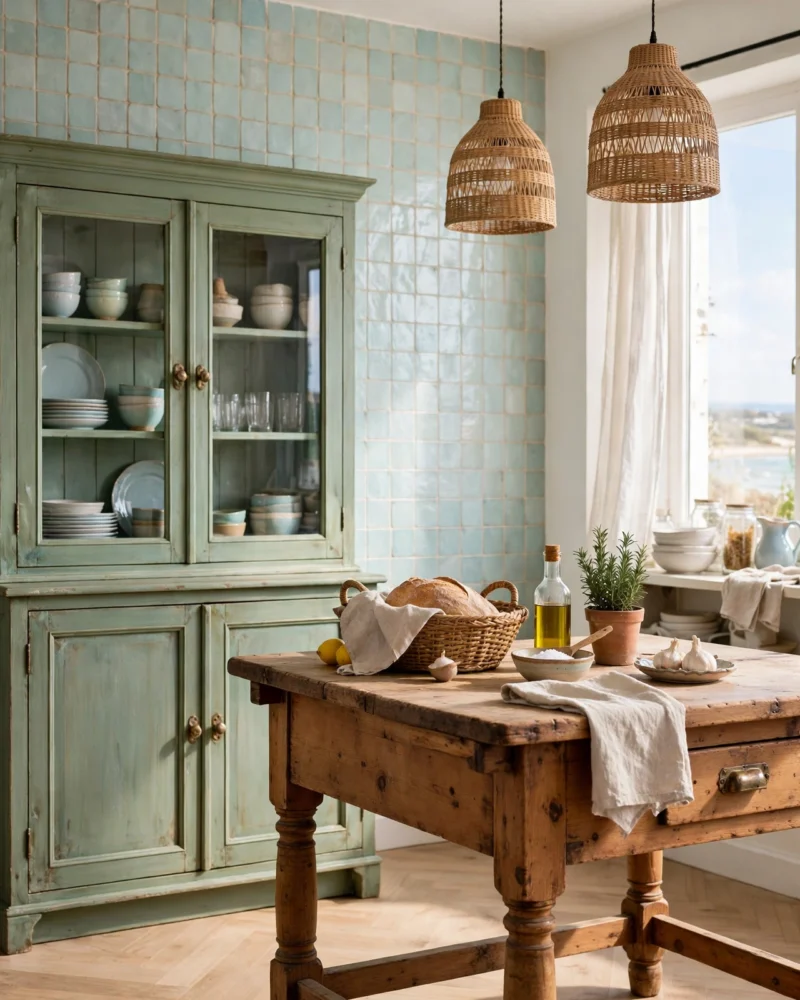 Collected Coastal Kitchen with sea-green hutch, pale aqua tile wall, and antique pine worktable island