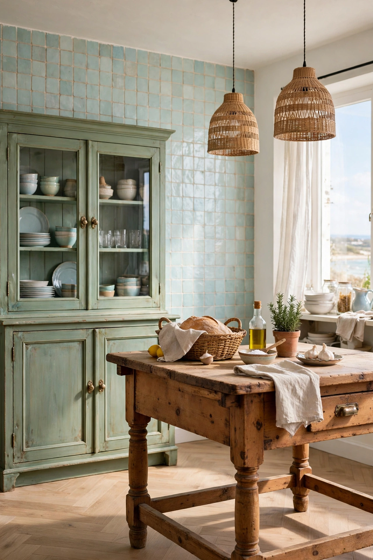 Collected Coastal Kitchen with sea-green hutch, pale aqua tile wall, and antique pine worktable island