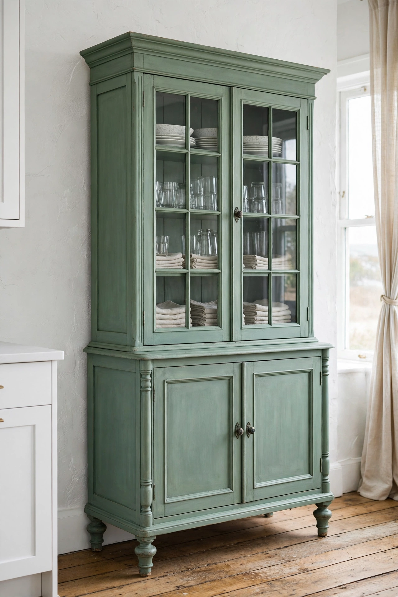 Vintage glazed hutch painted washed sea-green with ironstone plates and linen napkins