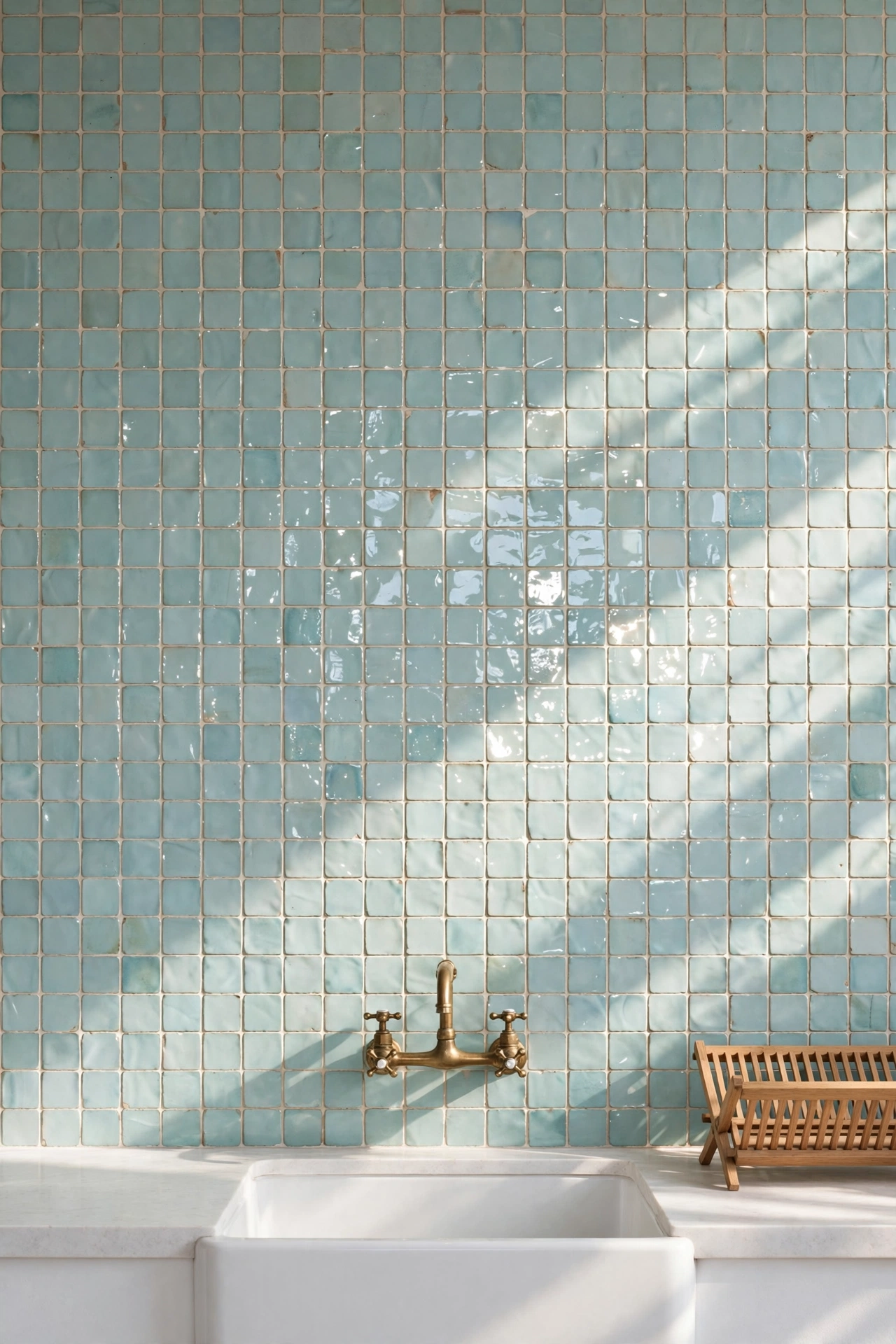 Pale aqua handmade zellige tile wall above a white farmhouse sink with brass bridge faucet