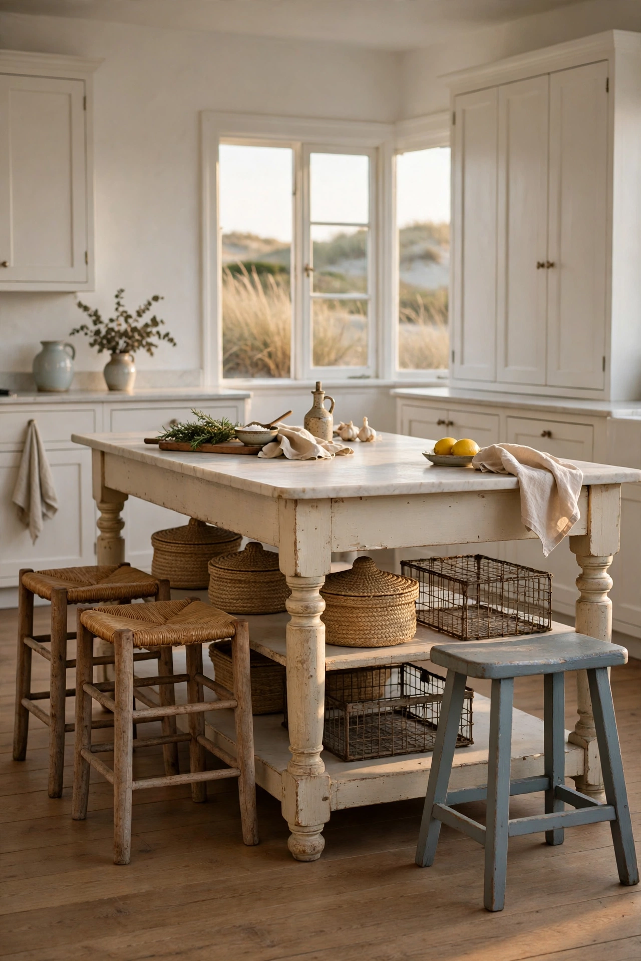 Antique pine worktable island with marble top, seagrass baskets, and rush-seat stools