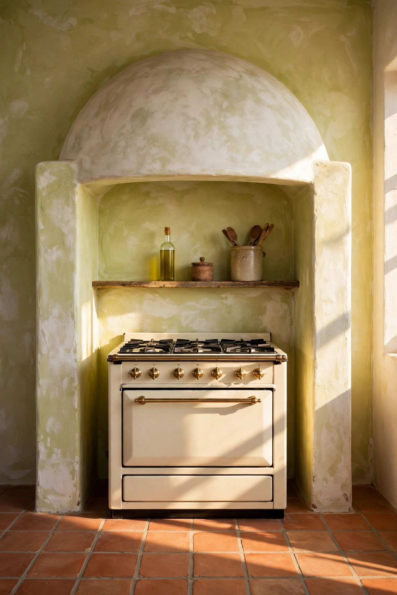 Cream range cooker in a limewashed plaster alcove with timber ledge and terracotta floor tiles