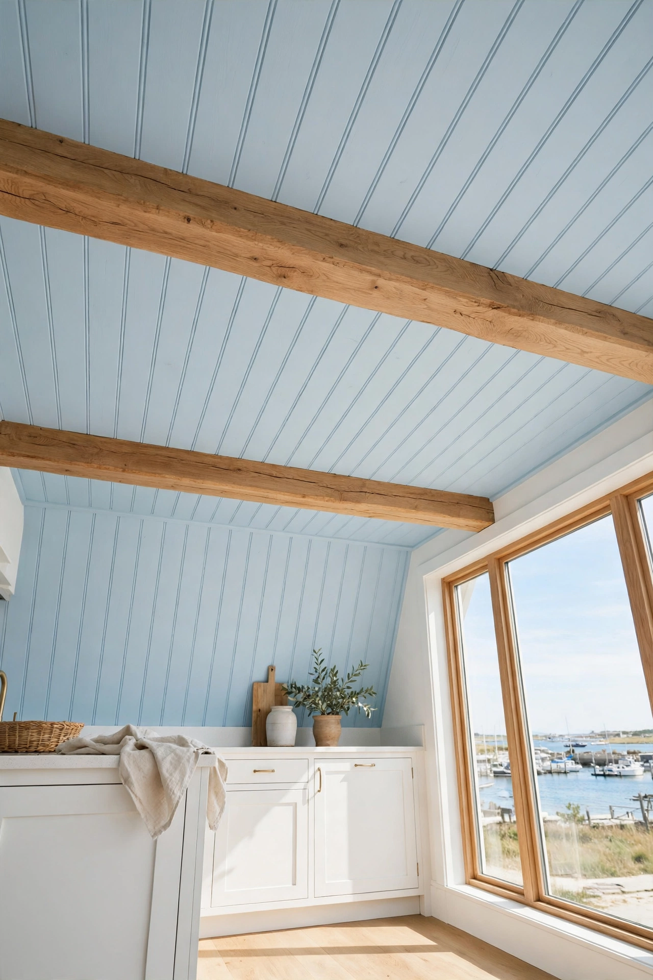 Pale sky blue timber ceiling with exposed oak beams above white coastal kitchen cabinets