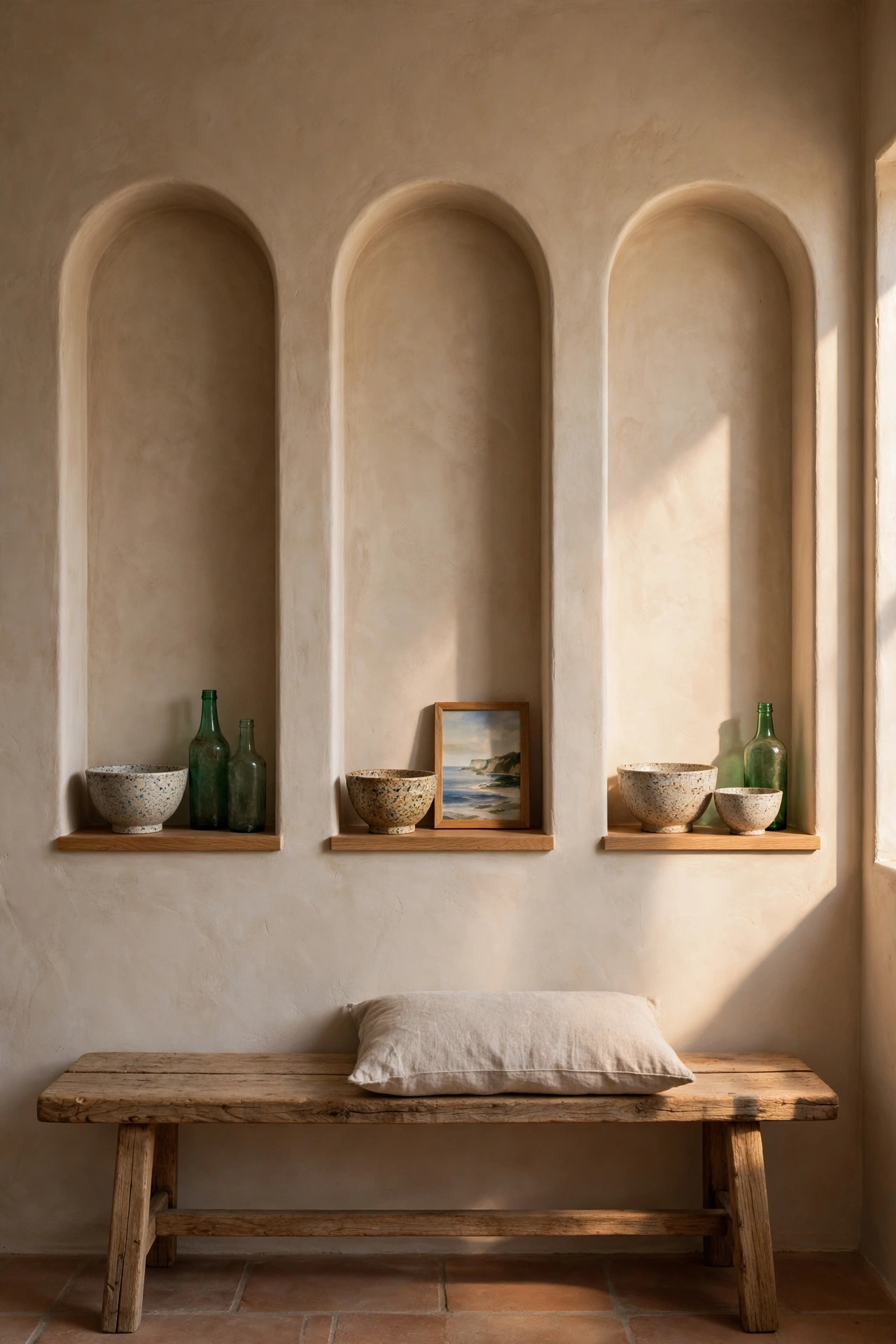 Sand plaster wall with three arched niches holding speckled bowls, green glass bottles, and a seascape painting