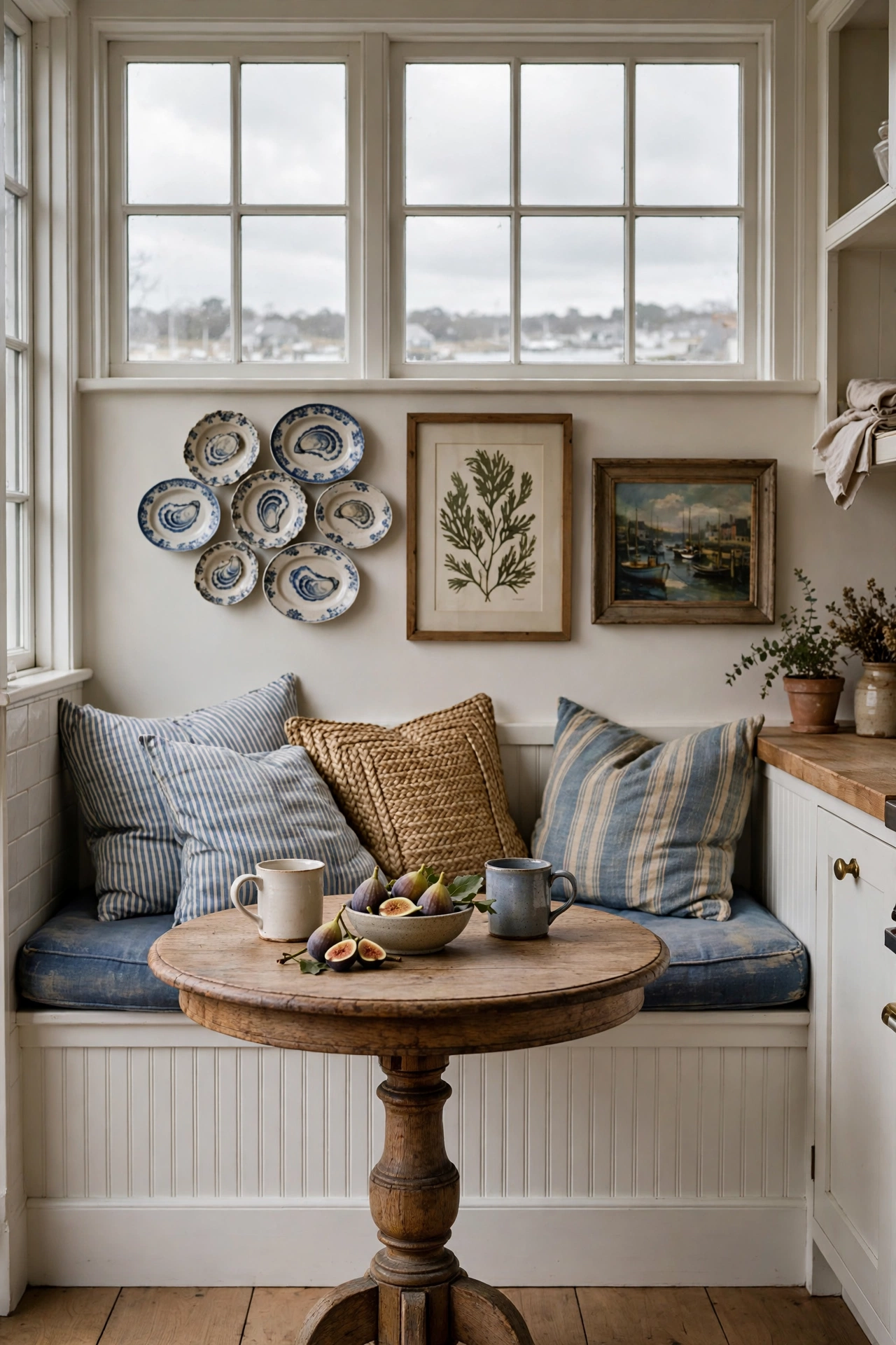 Coastal kitchen window banquette with indigo cushion, striped pillows, oak table, and oyster plates