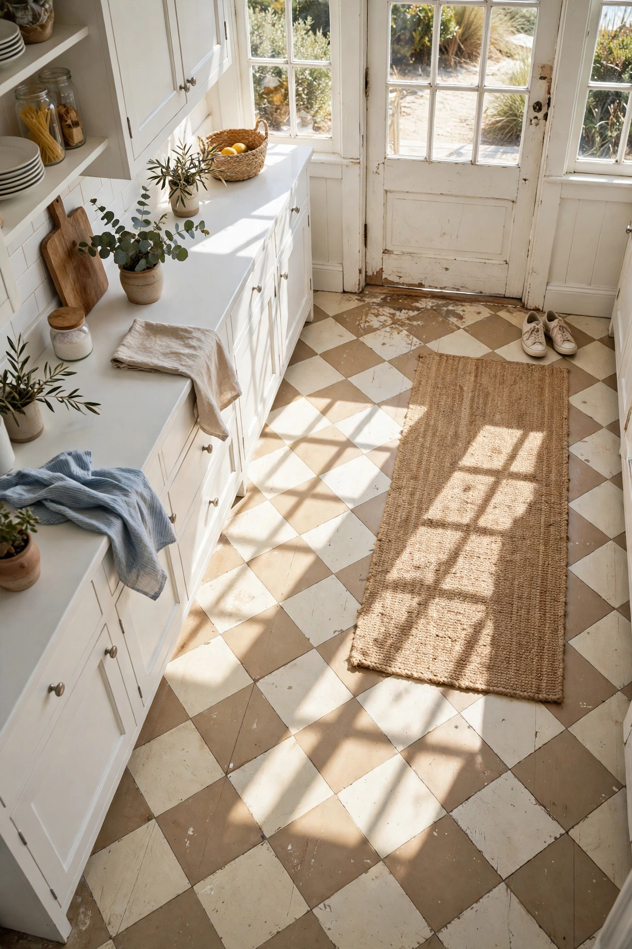 Sandy beige and cream checkerboard kitchen floor with jute runner and canvas sneakers by the back door