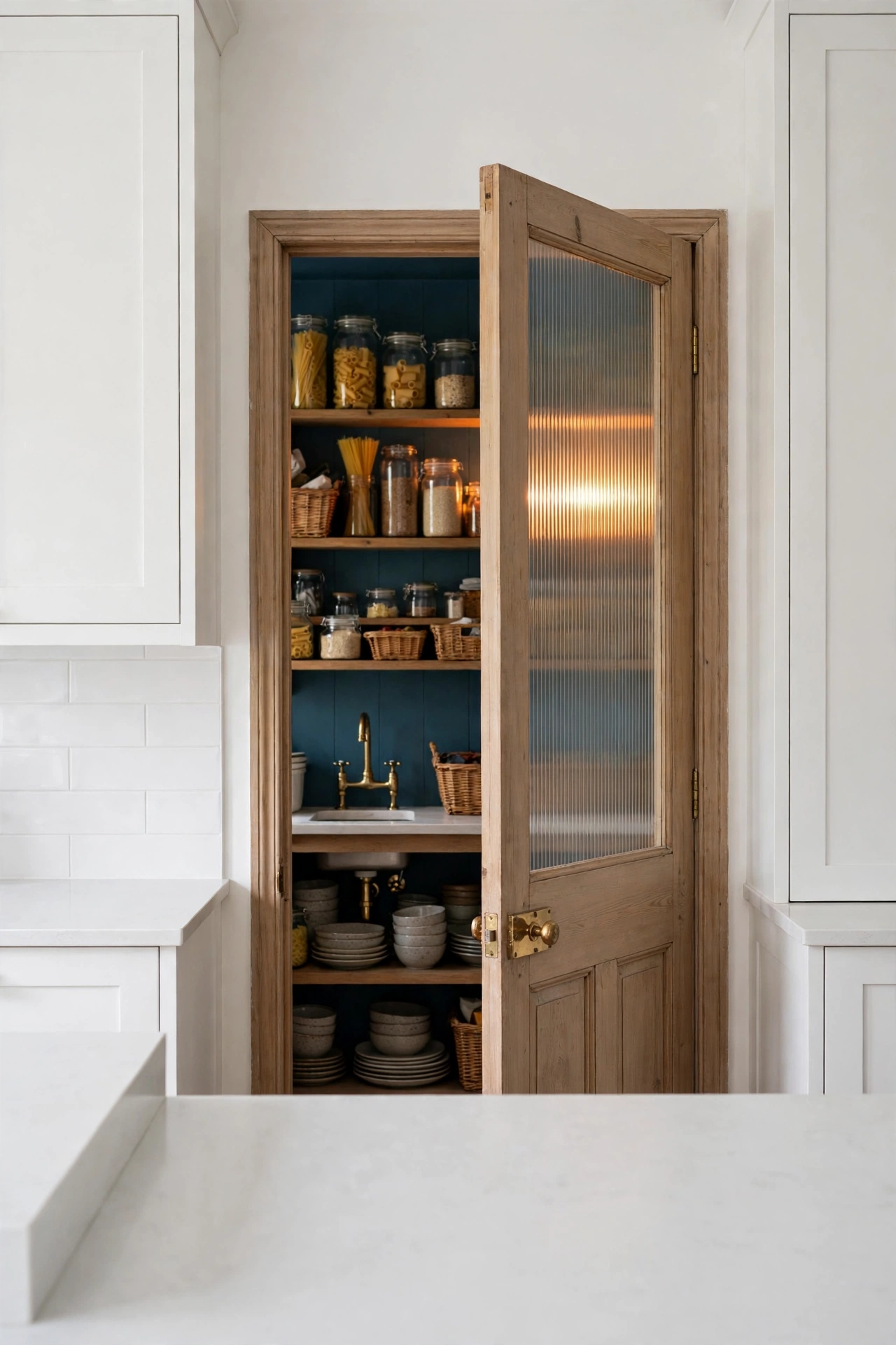 Reeded glass timber door open to a deep sea blue scullery with oak shelves and brass prep sink