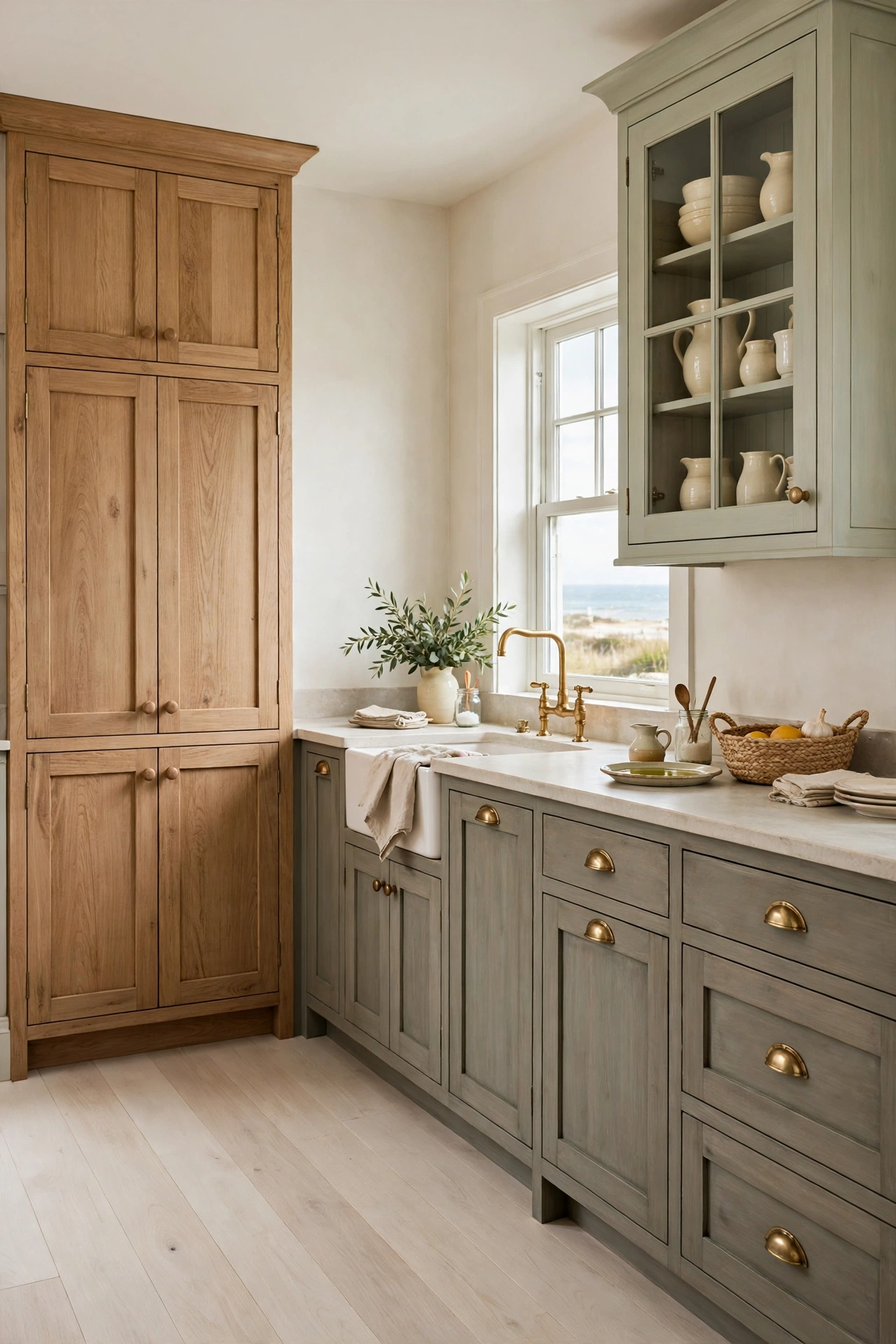 Coastal kitchen with driftwood grey-green cabinets, natural oak pantry, and pale green glass-front cabinet