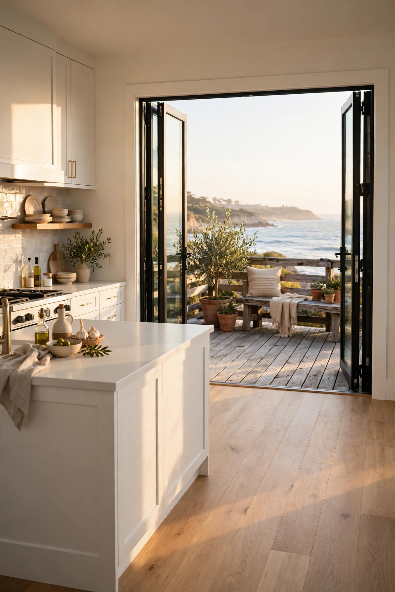Black steel-framed glass doors open from a white coastal kitchen onto a timber deck with olive tree and ocean view
