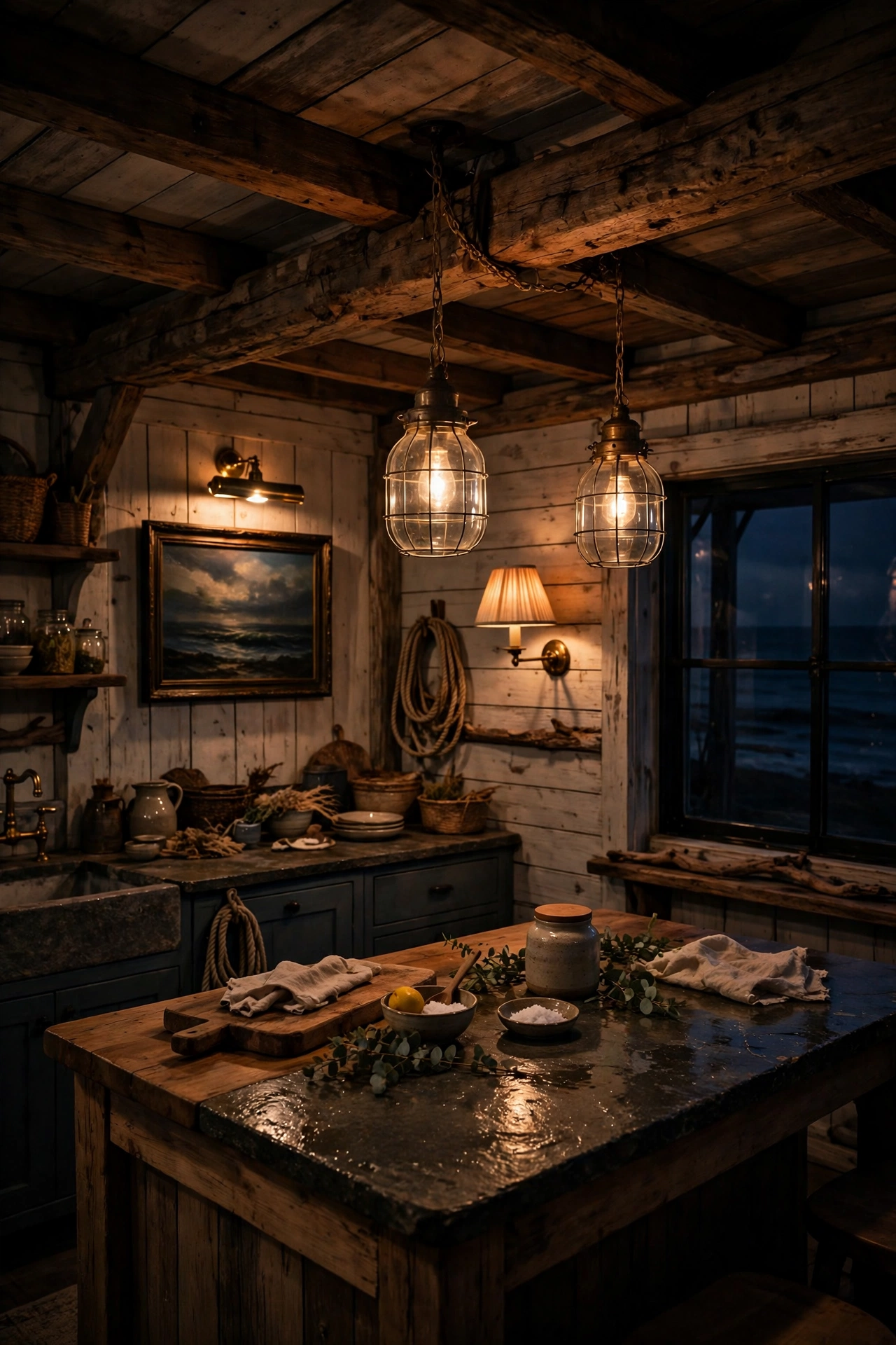 Evening coastal kitchen lit by caged glass pendants, a pleated linen sconce, and a brass picture light