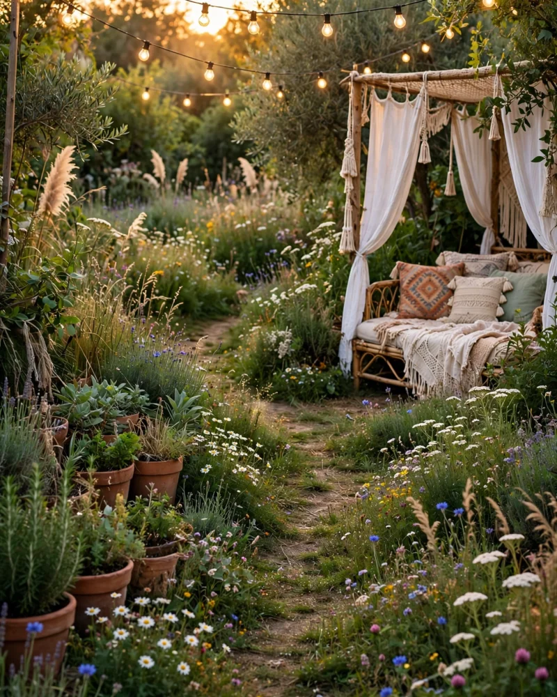 Hippie garden ideas with a flower path, festoon lights and a curtained daybed at golden hour