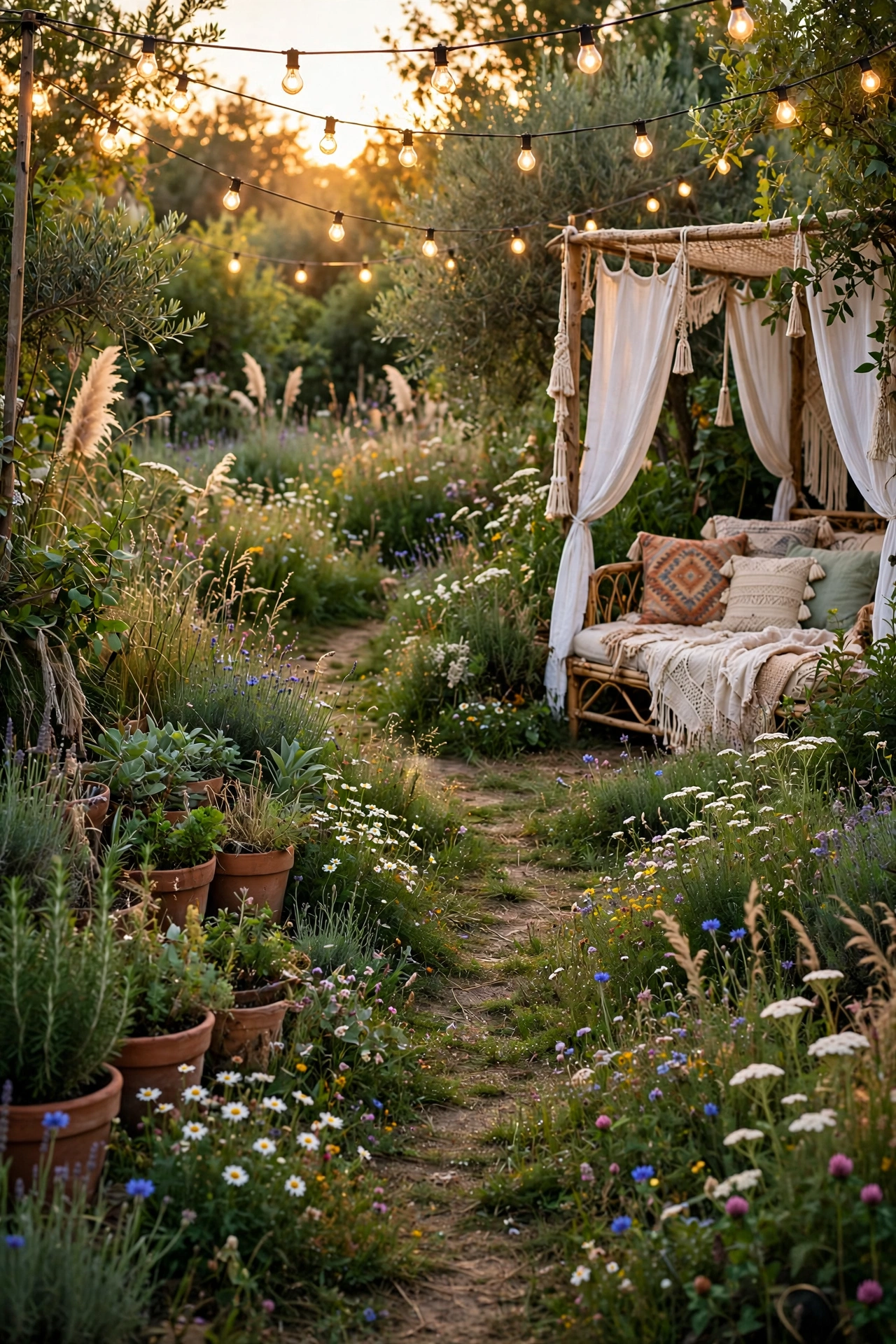 Hippie garden ideas with a flower path, festoon lights and a curtained daybed at golden hour