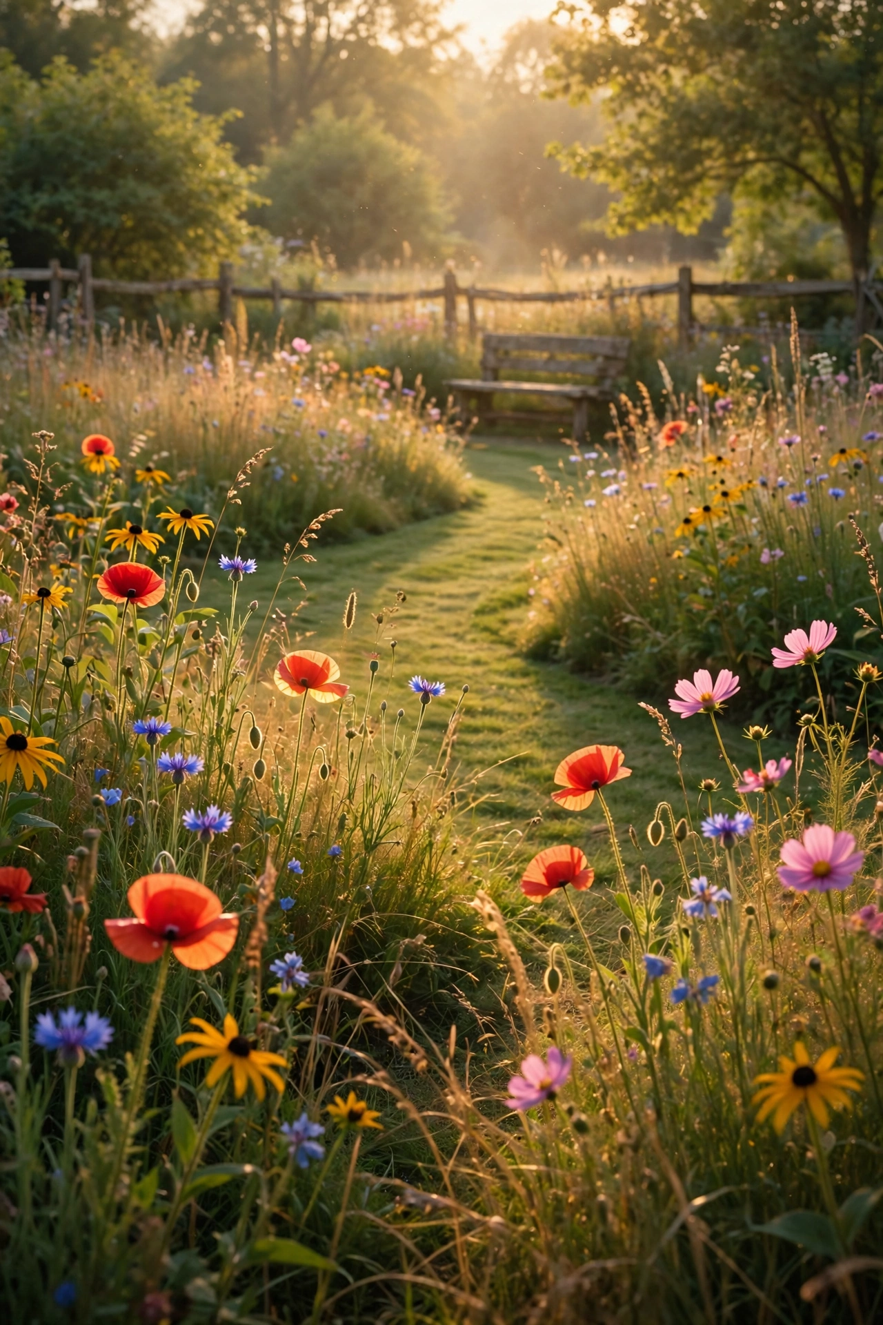 Wildflower meadow with a mown grass path leading to a wooden bench at golden hour