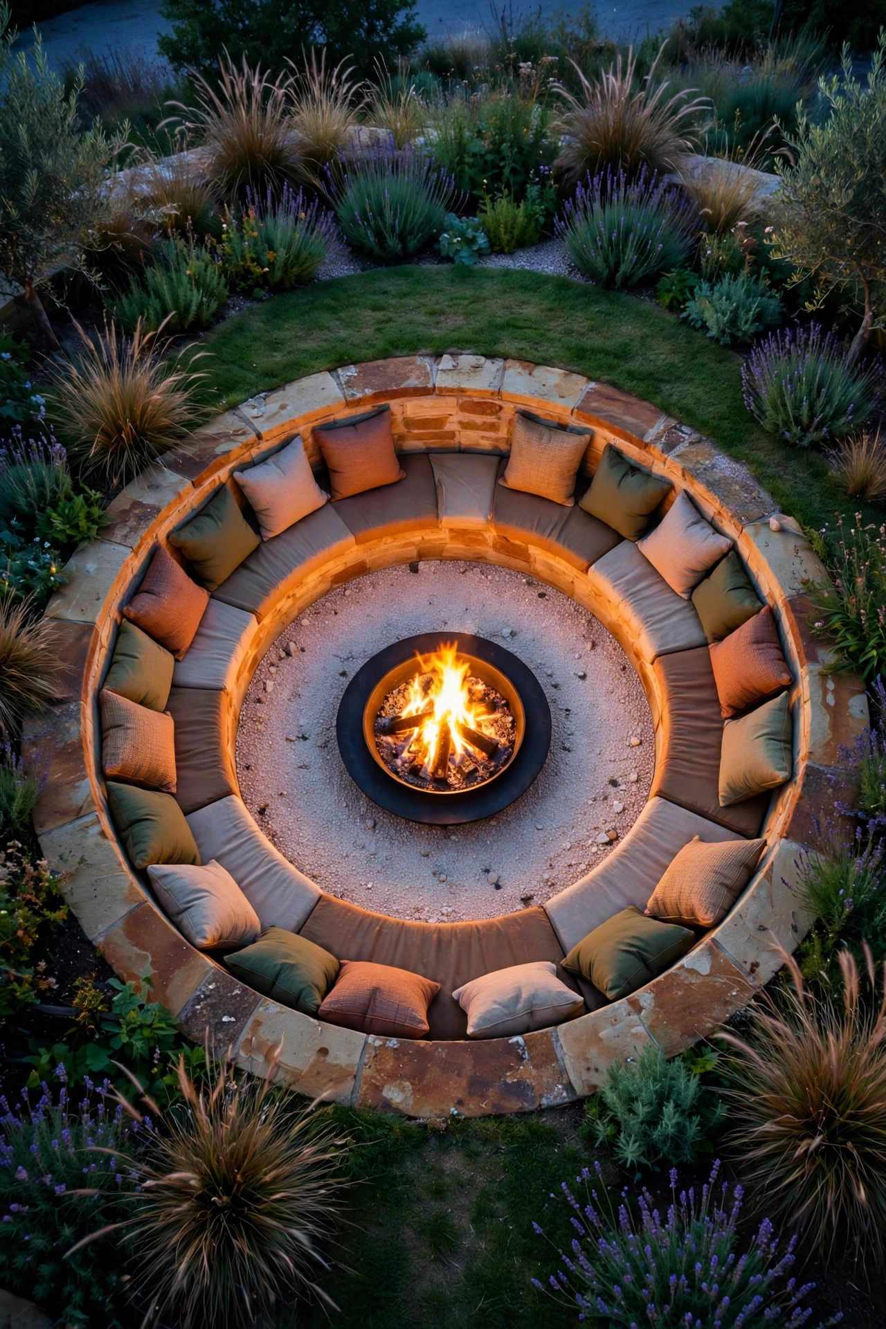 Circular sunken fire pit lounge with sandstone bench and glowing fire bowl at dusk