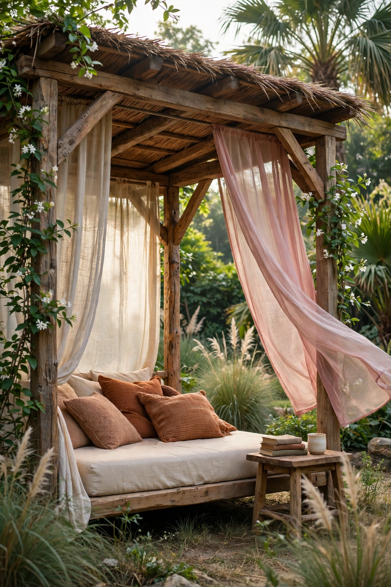 Timber garden cabana with linen curtains, daybed and rust cushions in morning light