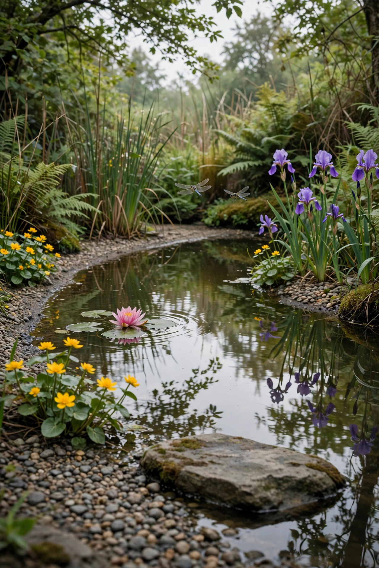 Natural garden pond with water lily, iris, marigolds and dragonflies in soft shade