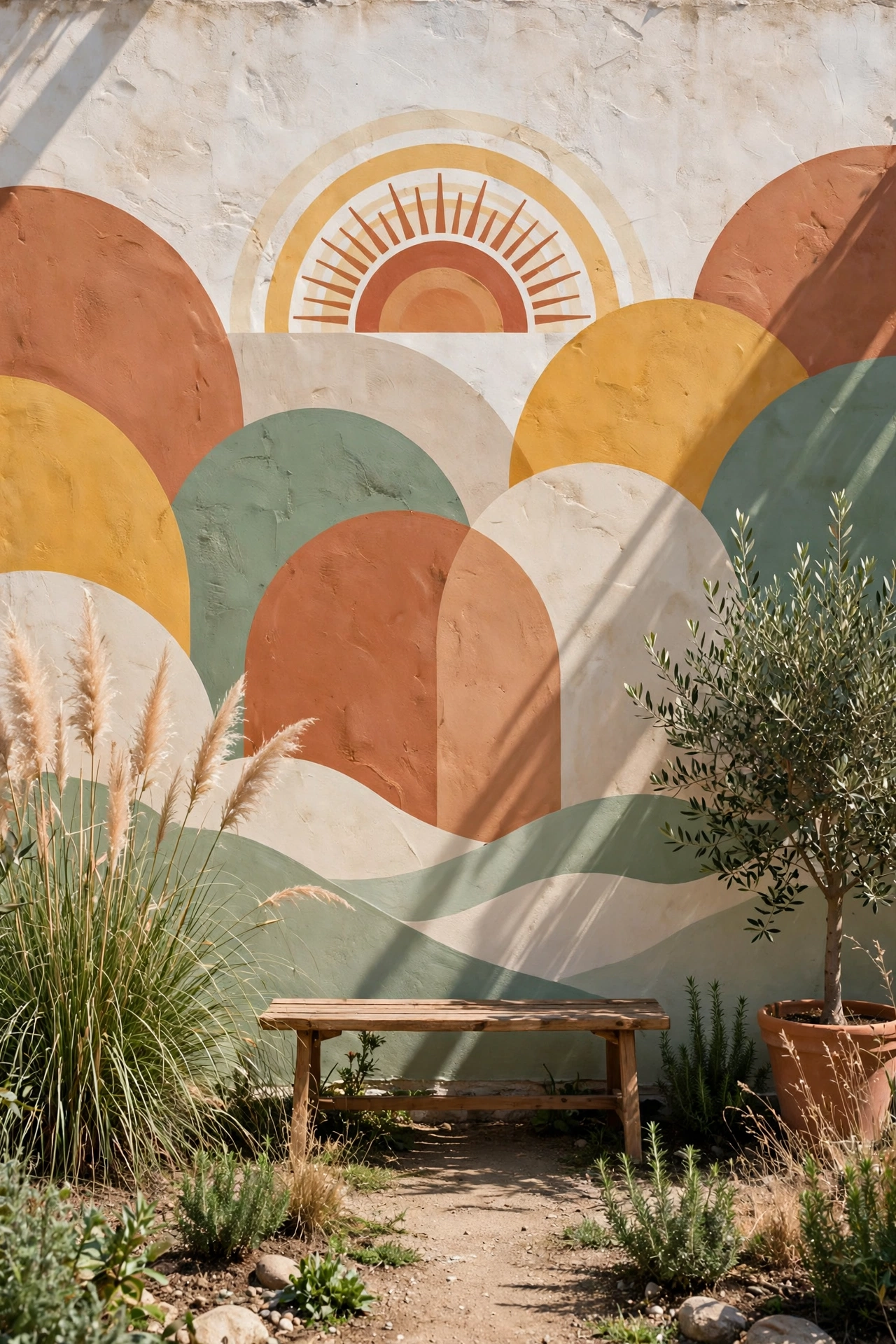 Boho garden wall mural of arches and a rising sun with olive tree and wooden bench