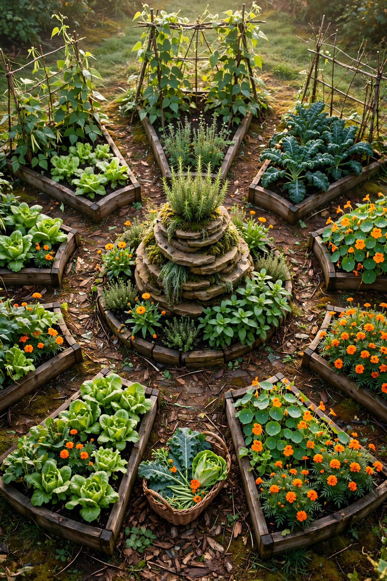 Circular potager garden with raised beds, herb spiral and harvest basket in morning light