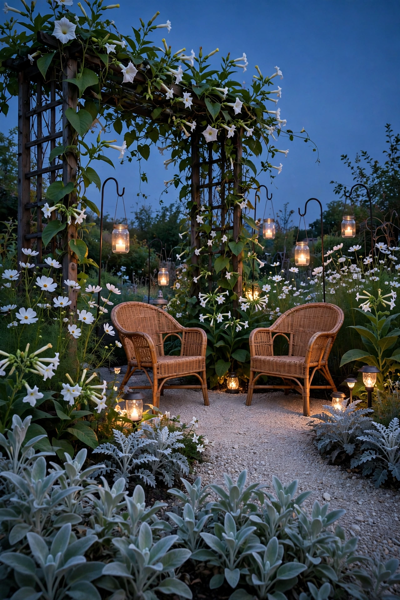 Moon garden at dusk with white flowers, rattan chairs and glowing candle lanterns