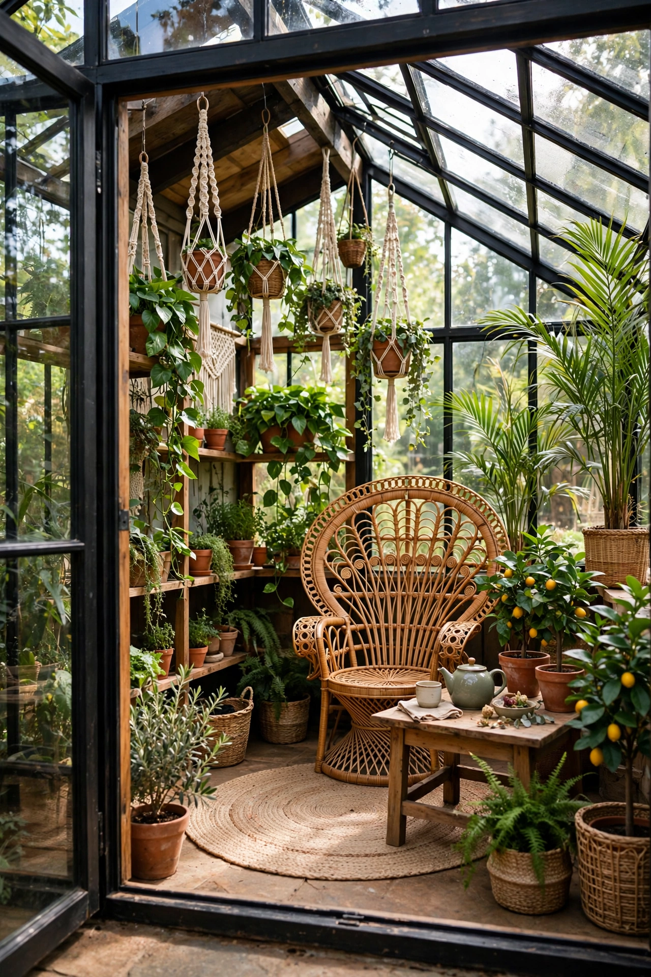 Black framed greenhouse garden room with peacock chair, plants and macrame hangers