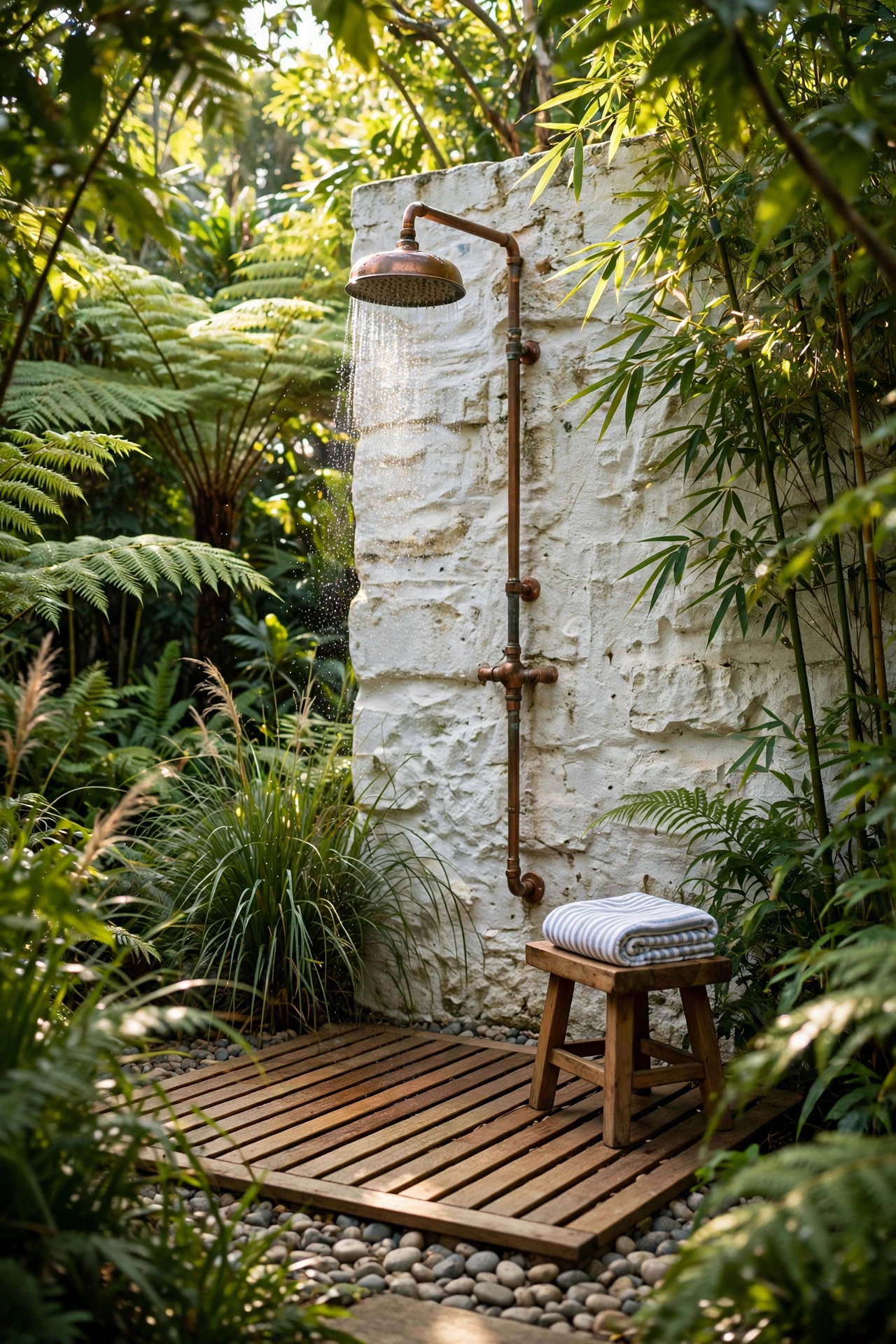 Open air garden shower with copper rain head, teak deck and striped towel on a stool