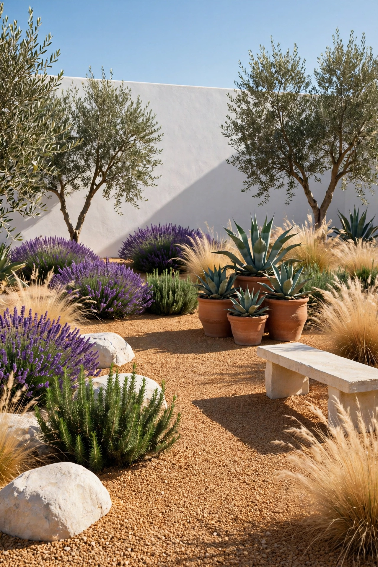 Mediterranean gravel garden with agaves, olive trees, lavender and limestone bench