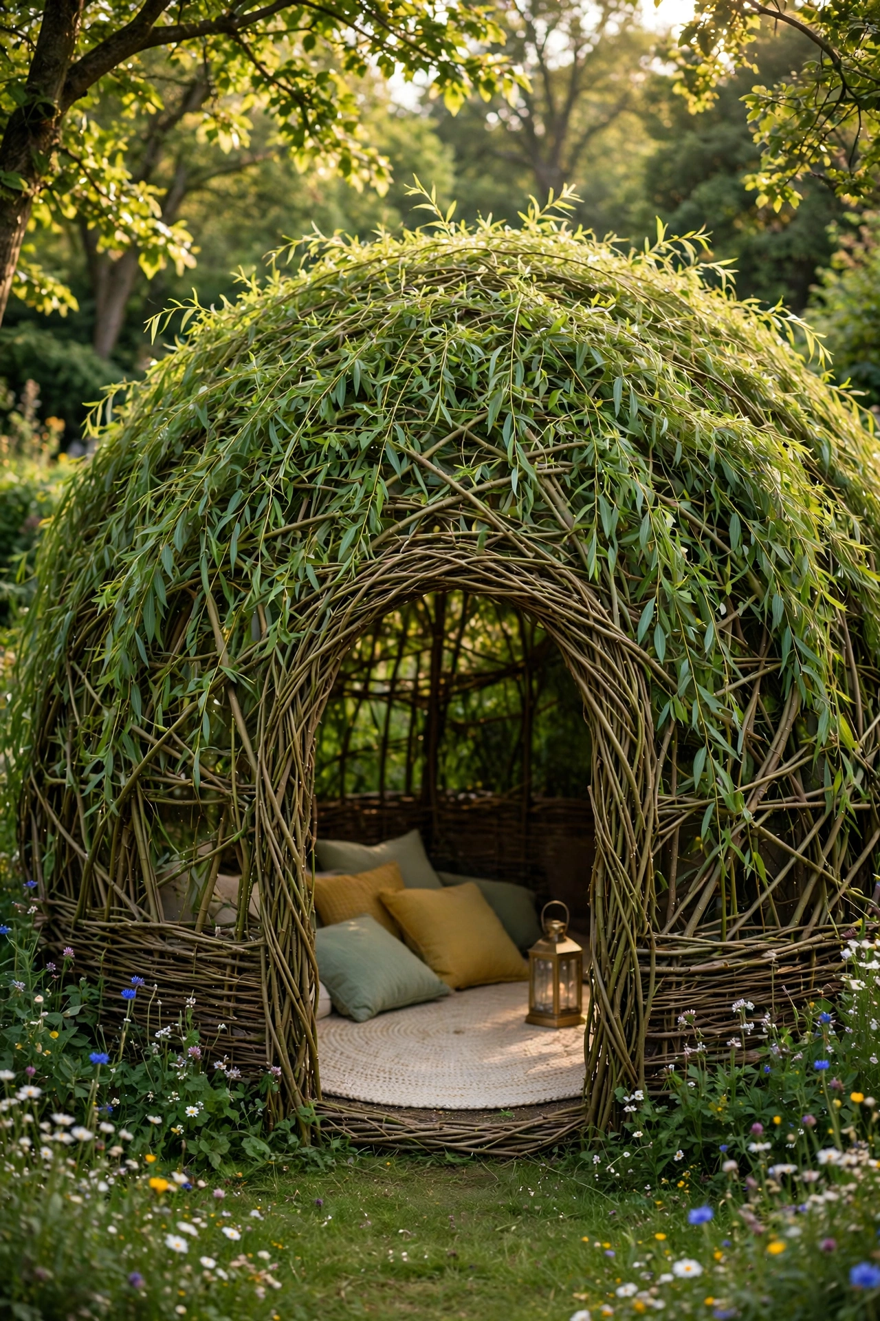 Living willow dome with arched doorway, floor cushions and lantern in a wildflower garden