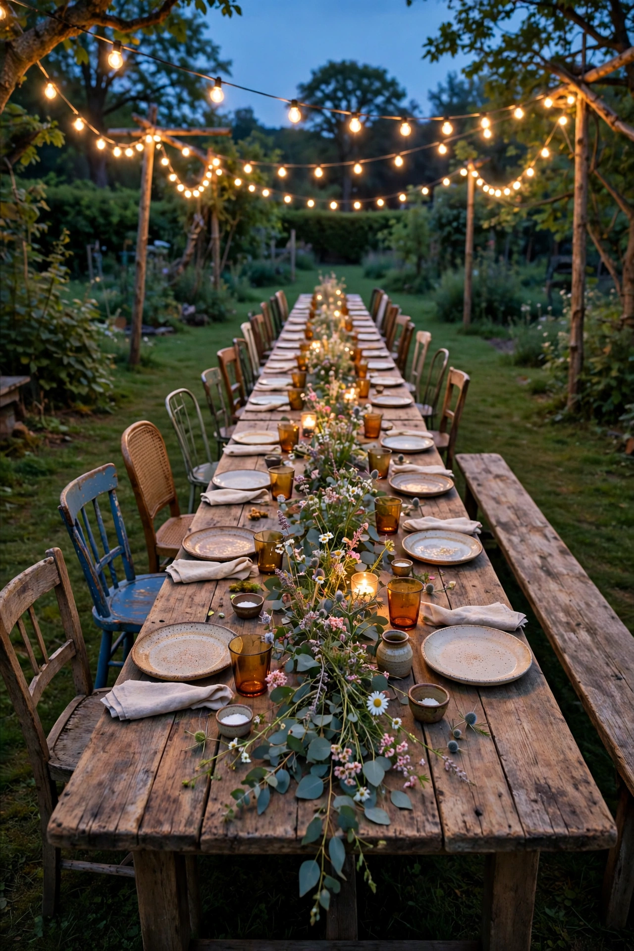 Long farmhouse table under festoon lights set with ceramic plates and wildflower garland