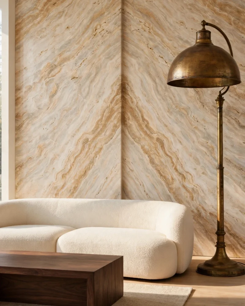 Luxury Living Room with a bookmatched travertine stone wall, a cream low sofa, a dark walnut coffee table and an aged brass floor lamp
