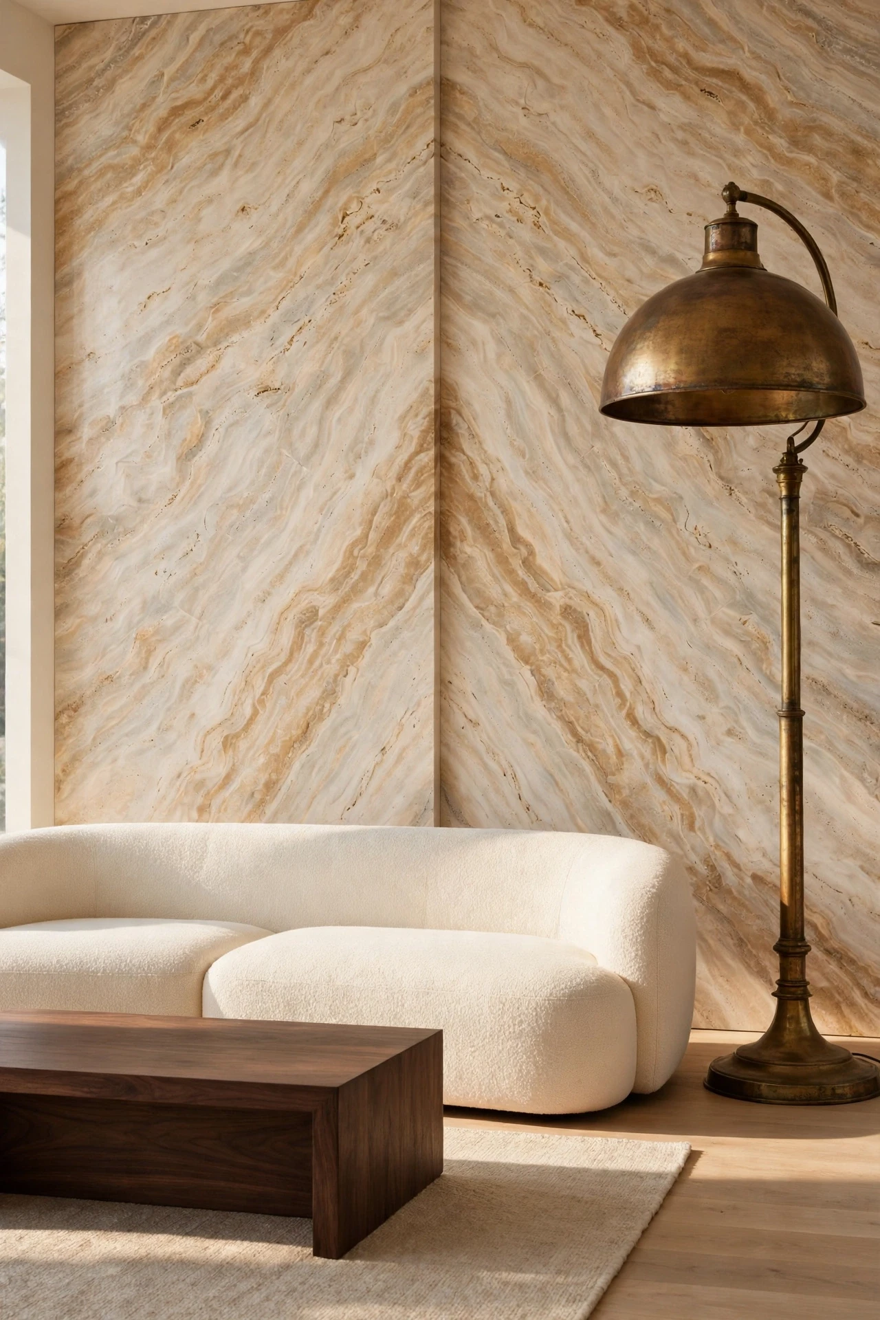 Luxury Living Room with a bookmatched travertine stone wall, a cream low sofa, a dark walnut coffee table and an aged brass floor lamp