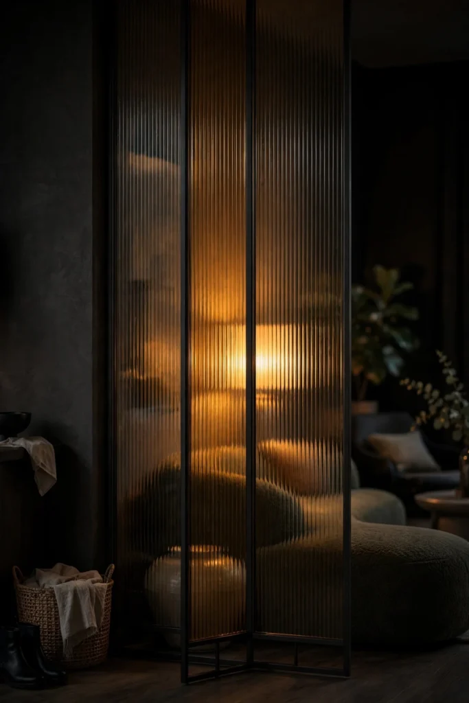 A Fluted Amber Glass Screen in a black steel frame glowing from a lamp behind it in a living room