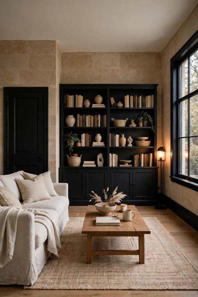Soft Black Paint on Doors, Skirting and Window Frames against warm stone coloured walls in a living room