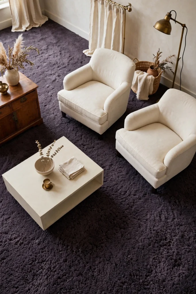 Wall to Wall Carpet in Charcoal Plum with pale low furniture and a cream sofa in a living room