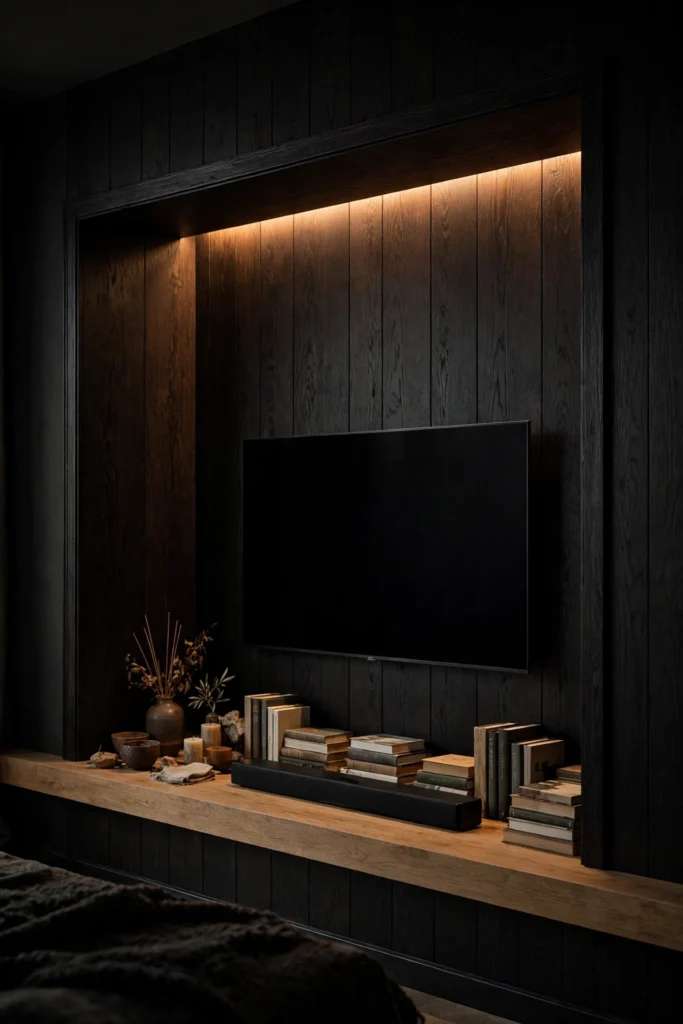 A Television Recessed Into a Deep Ebonised Oak Niche with a low ledge and warm strip light